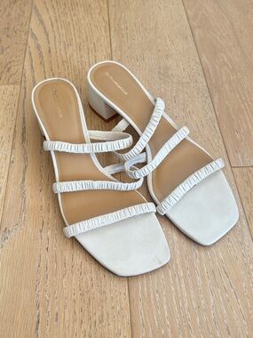Reformation Assunta White Ruched Strap Block Heel Sandal